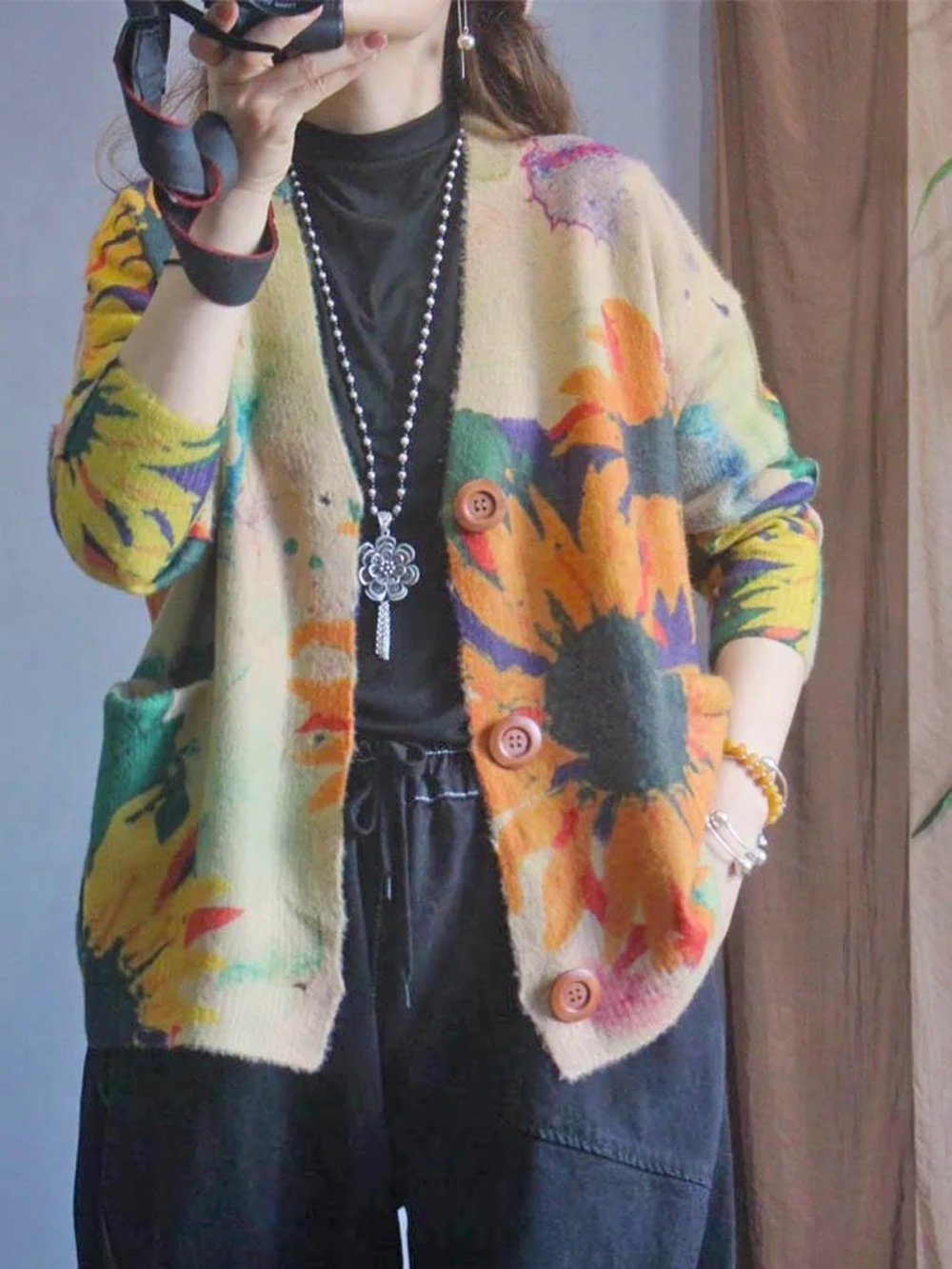 Vintage Sunflower Watercolor Sweater Cardigan
